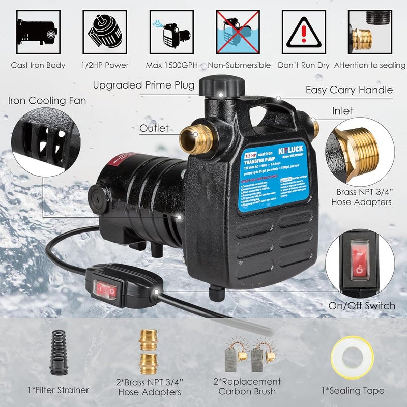 KITLUCK Water Transfer Pump, 120V 1/2 HP 1500GPH Cast Iron Portable Electric Utility Water Pump, Heavy Duty High Pressure Transfer Pump with ON/OFF Switch, Suction Strainer and Brass Connectors - Image 2